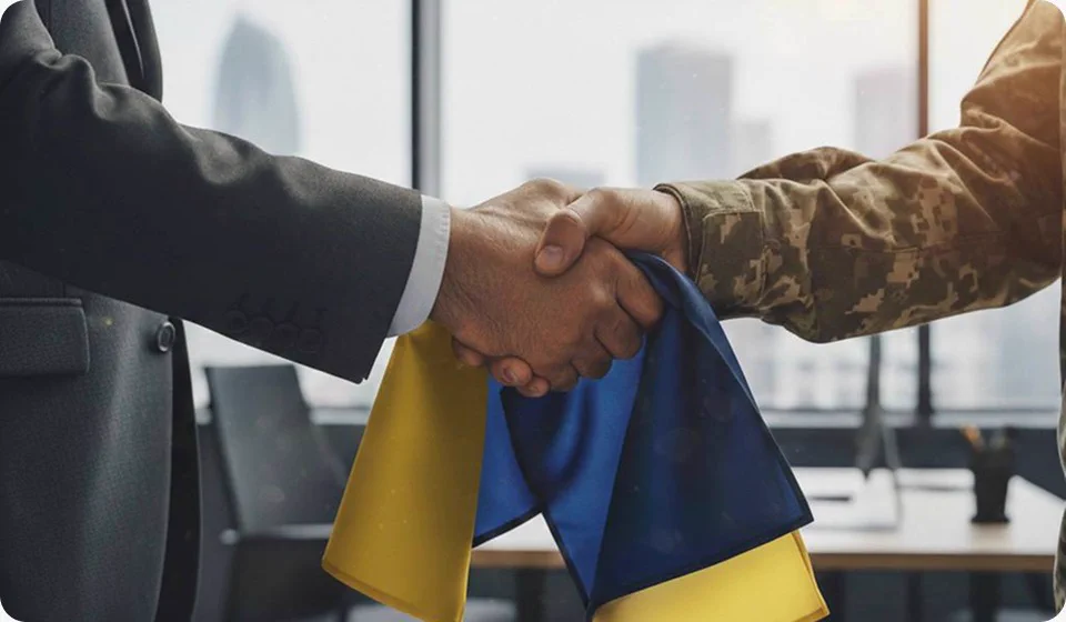 Рукостискання представника бізнесу та військовослужбовця на тлі прапора України